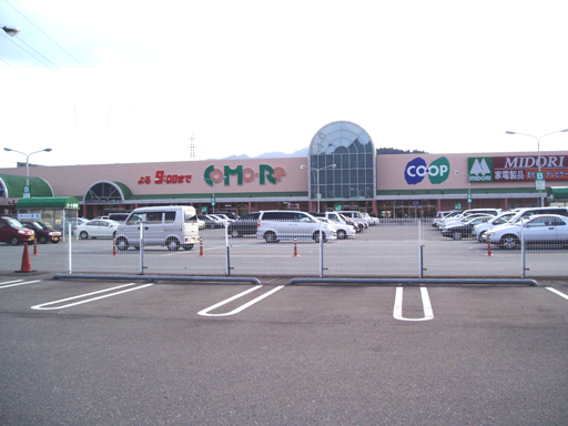 車が複数停まっている広い駐車場の奥にあるピンク色の壁に店名が書かれた建物の写真