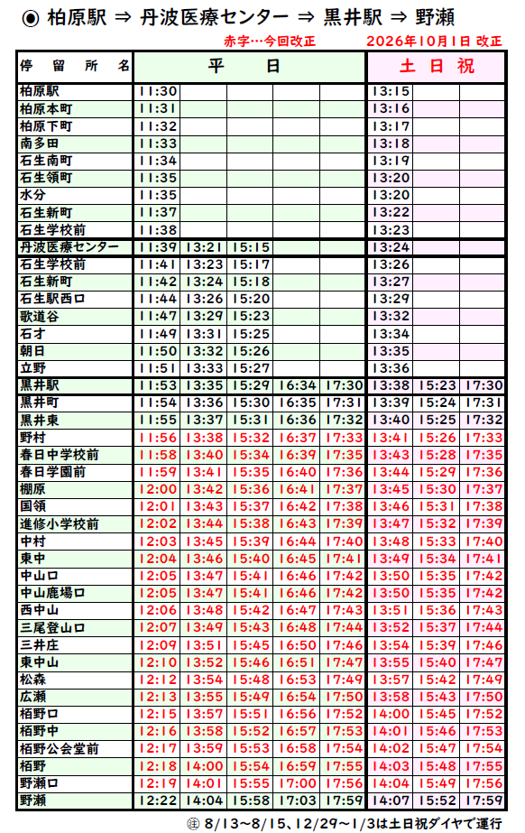 10月1日改正時刻表_柏原-野瀬線