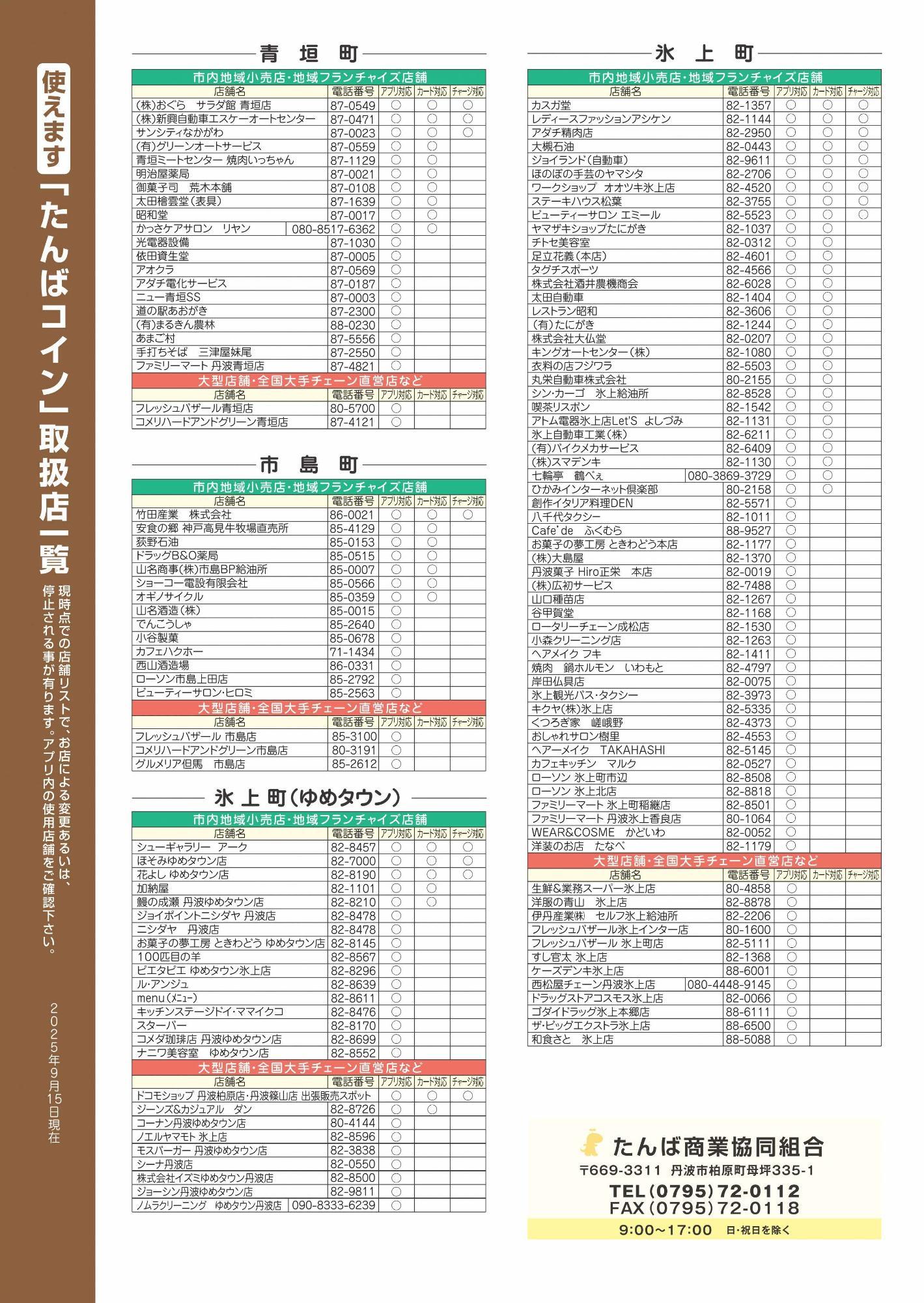 たんばコイン取扱店一覧(青垣・市島・氷上)