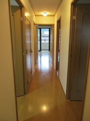 玄関から撮影した各部屋につながる扉がある写真