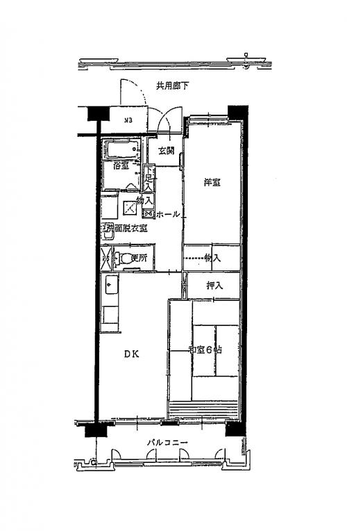 洋室や6帖の和室などがある2LDKの間取り図