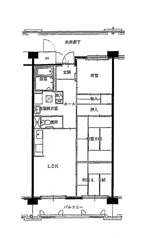 洋室に6帖や4.5帖の和室などがある3LDK小の間取り図