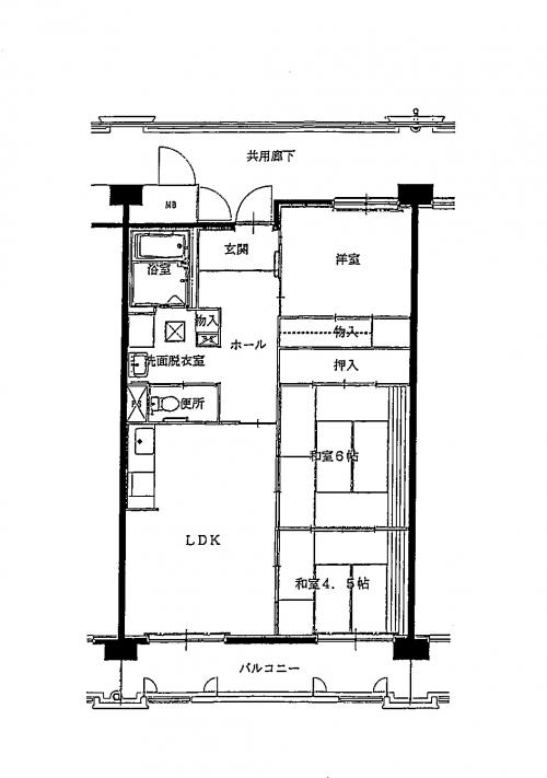 洋室に6帖や4.5帖の和室などがある3LDK大の間取り図