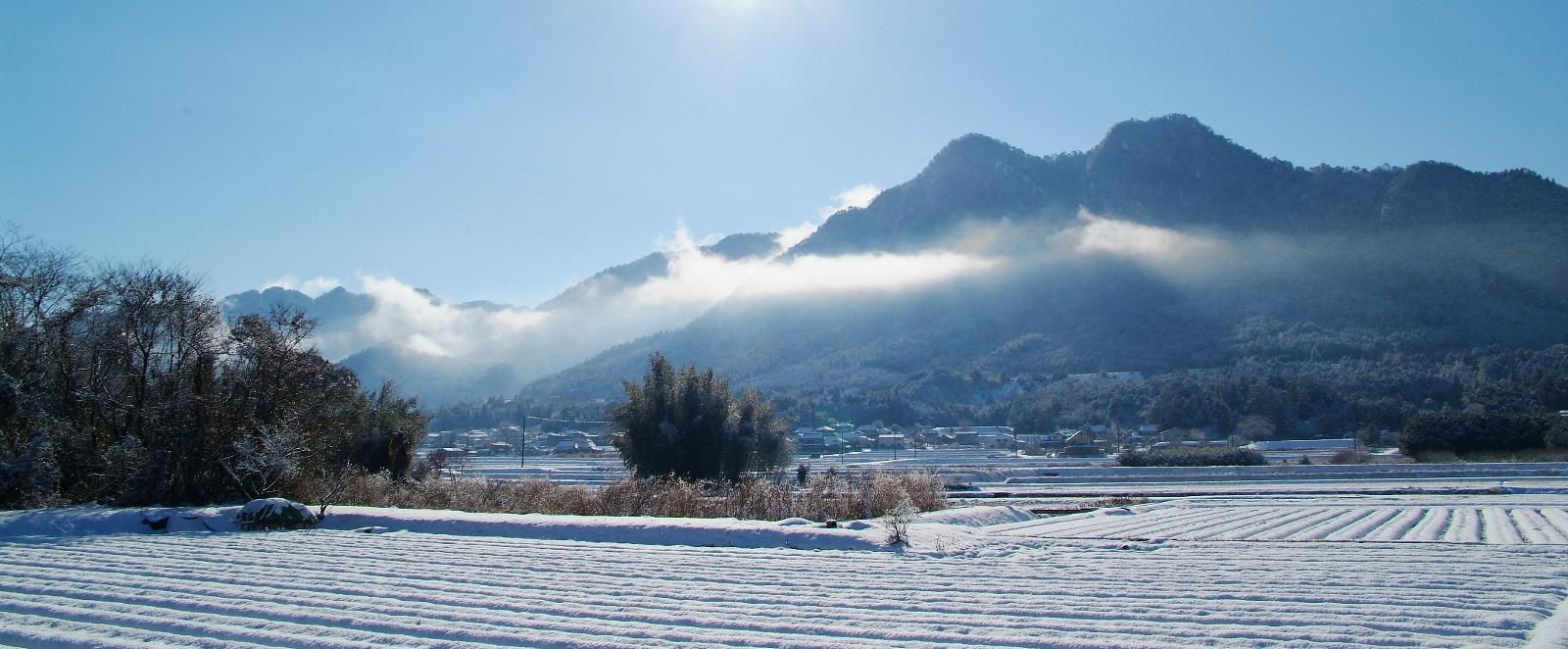 丹波市内の雪景色 山に少しもやがかかる様子