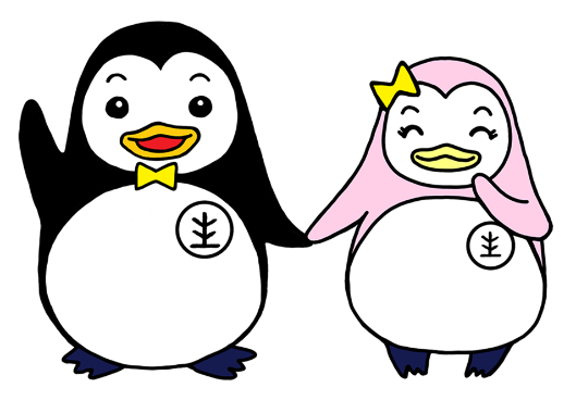 胸元に黄色いリボンを付けて右手を上げているペンギンのイラスト
