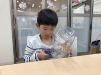 ペットボトル容器をハサミで切っている子供の写真