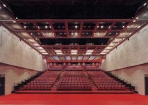 ステージ側からえんじ色の椅子が並ぶ客席を撮影した写真