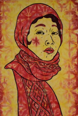 くすんだ絞り染めのような背景に赤いマフラーをまいた女性の顔を描いた絵