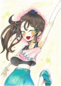 ピンクのタンクトップにブルーのスカートの女の子が笑顔で踊っているイラスト