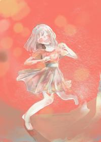 幻想的な朱色の色彩を背景に楽しそうに踊る女の子のイラスト