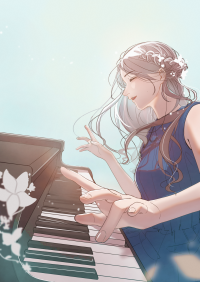 ピアノを演奏する女性を左前方から描いたイラスト