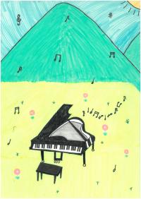 山の前の花畑にあるピアノの音が鳴り響いている様子のイラスト