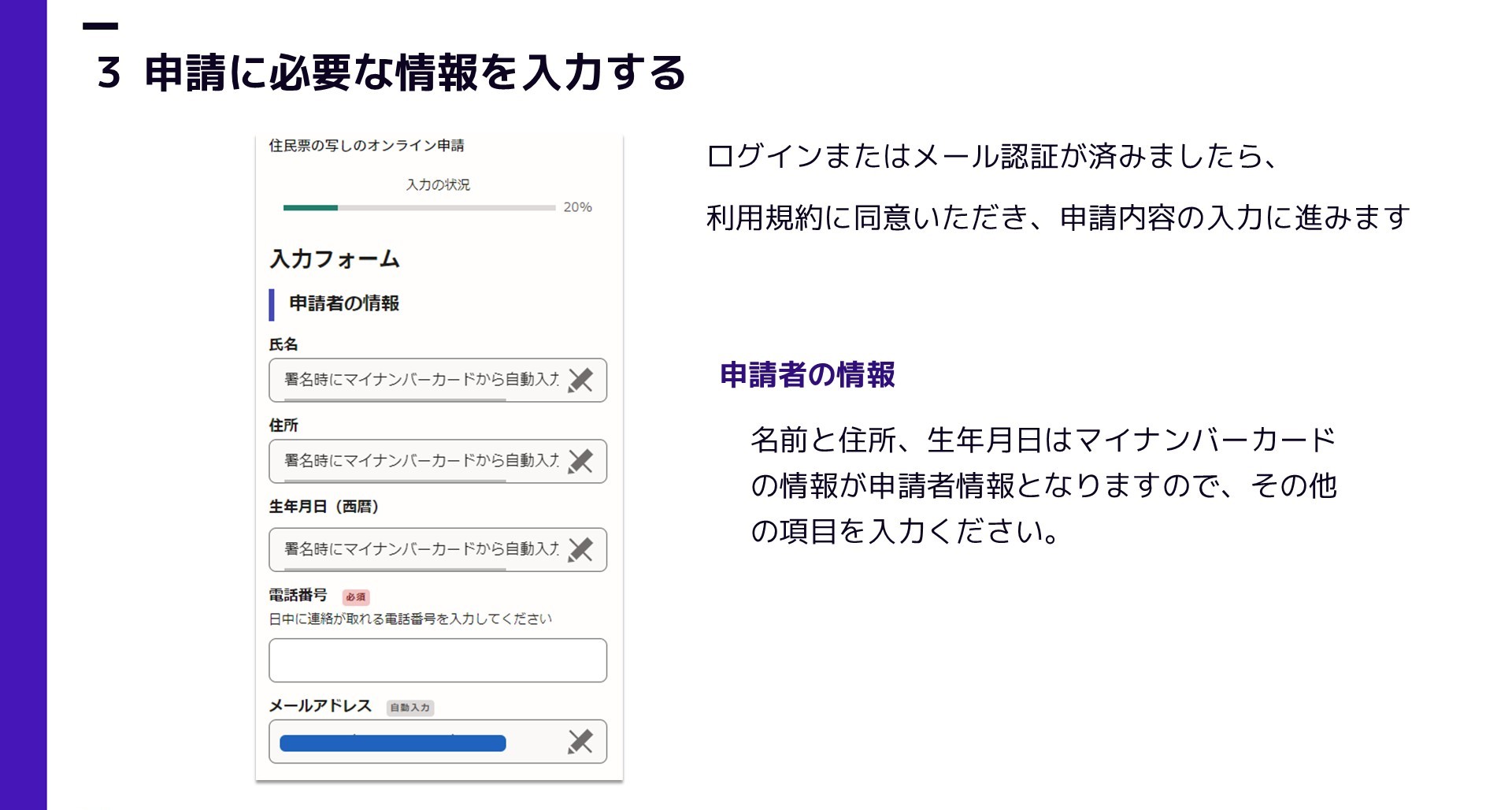 オンライン申請の手順3「申請に必要な情報を入力する」の説明図