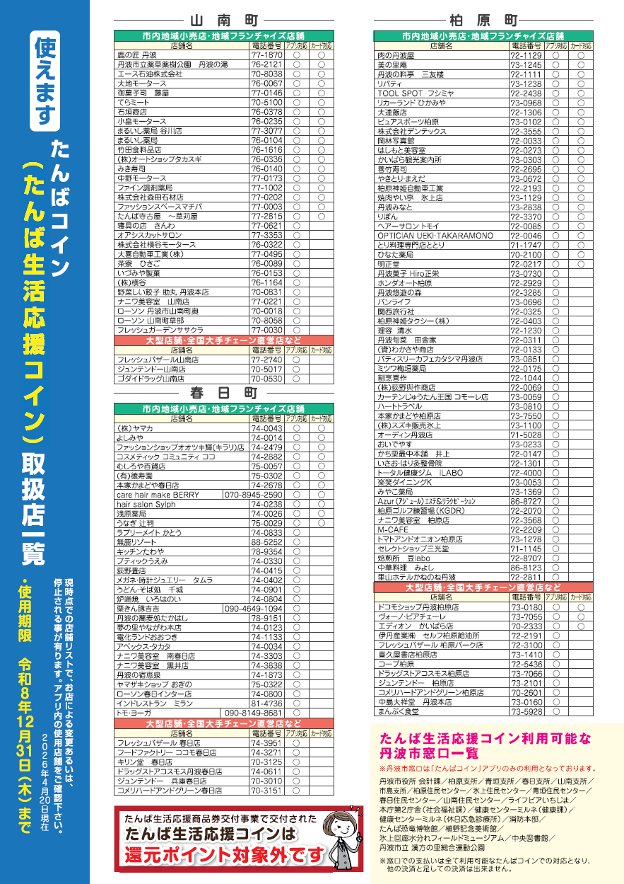 たんばコイン取扱店一覧（表）