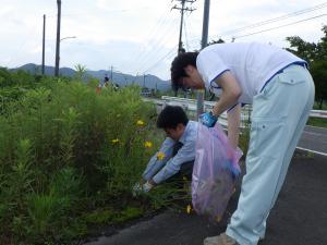 作業着を着た2人の男性が道端の黄色い花を抜いている写真