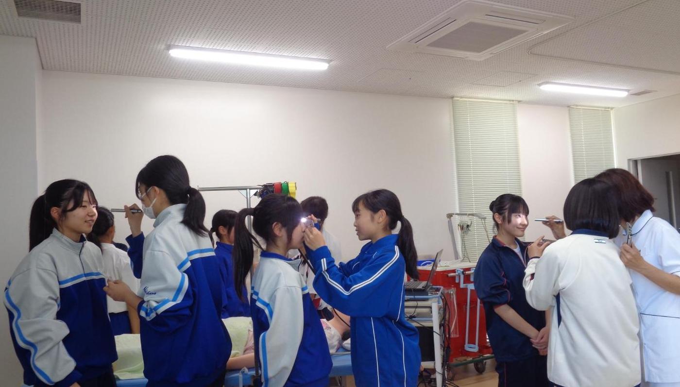 ペアになって光を当てて瞳孔の様子を見ている中学生達の写真