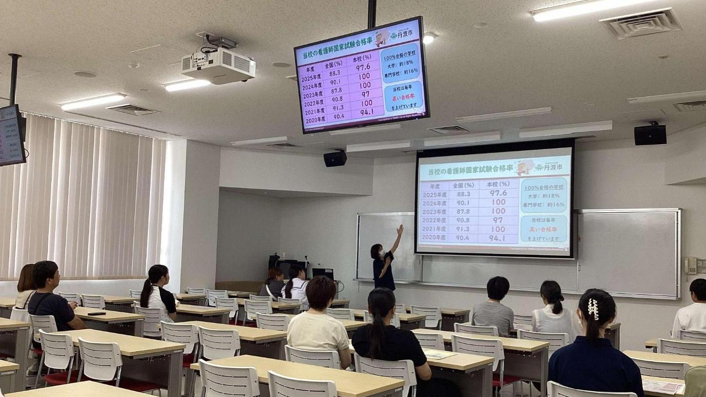視聴覚室で学校について説明している教員とそれを聞いている参加者たちの写真