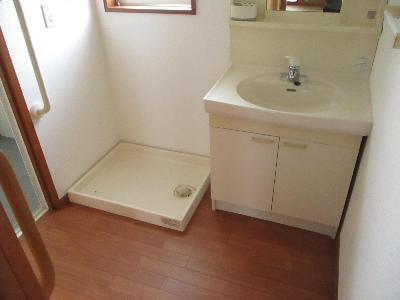 白を基調とした洗面室で、白い洗面台と洗濯パンがある写真