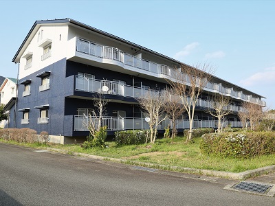 外壁が白と桜色のツートンカラーになっている3階建ての建物の写真