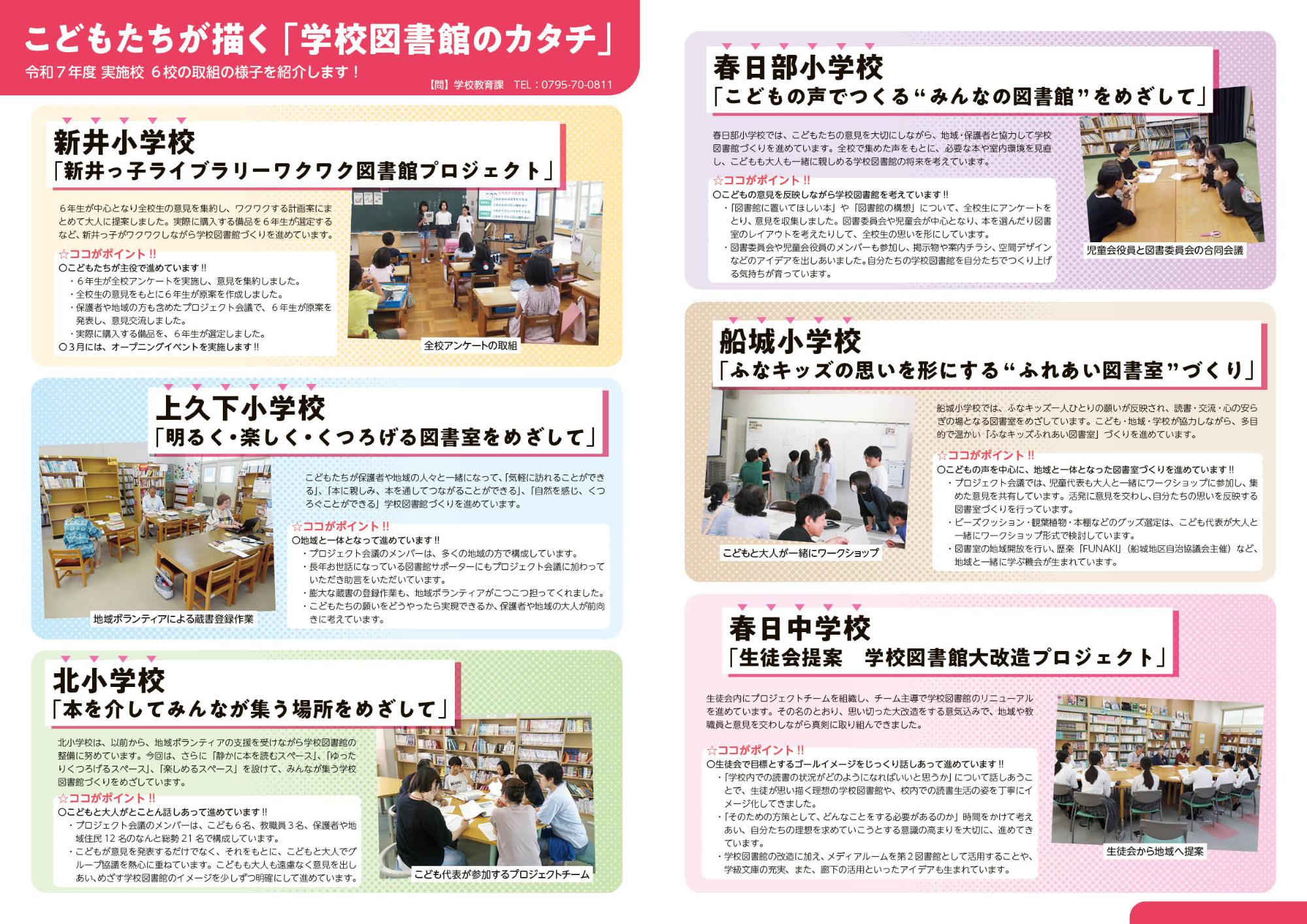 広報・教育たんば3月号の中面。こどもが描く学校図書館づくりについて