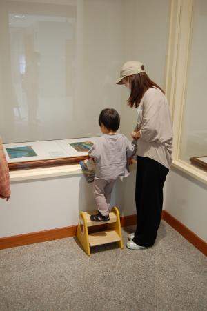 小さい台に乗った子供がショーケース内の展示物を親と一緒に眺めている写真
