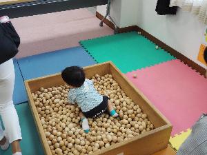 子どもが木の玉のプールで遊んでいます